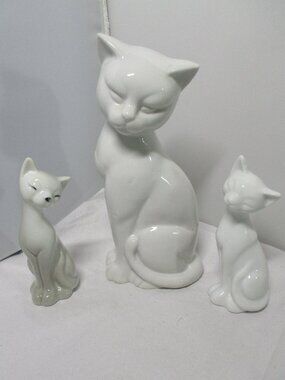 Bundle Lot of 3 Vintage All White Porcelain Siamese Cat Kitten Figurines Figures